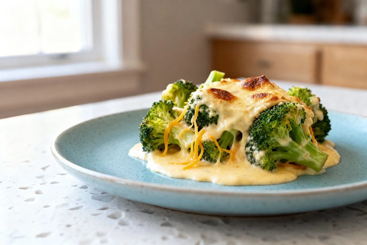  shot at 30–45 degrees of the same single serving of creamy keto cheddar broccoli casserole, identic