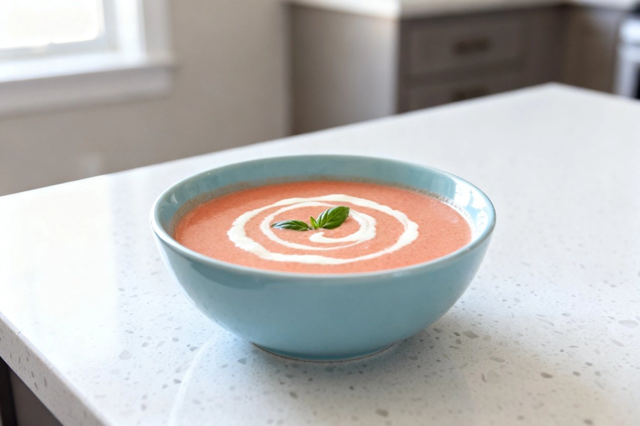 –40 degree perspective photo of the exact same finished creamy keto tomato basil soup (same smooth b