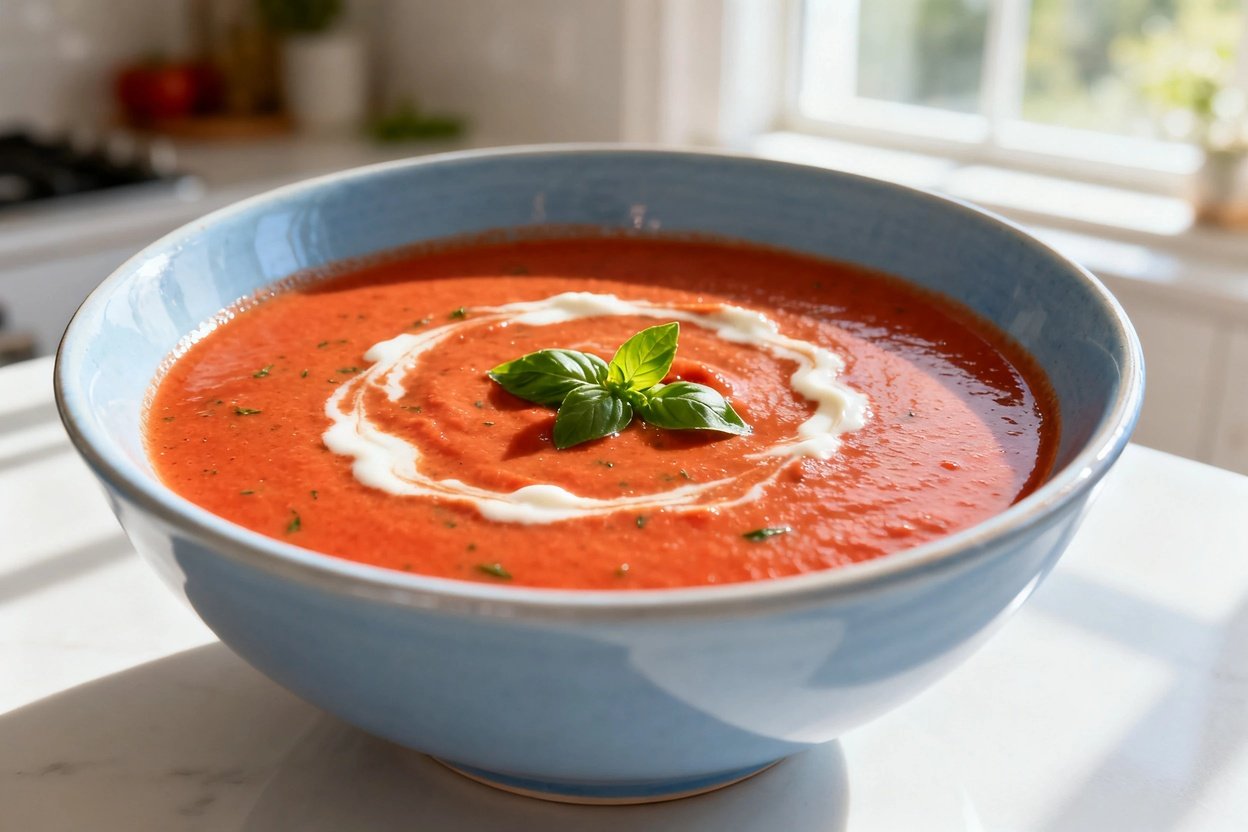  shot at approximately 30–45 degrees of the same finished creamy keto tomato basil soup in the same 