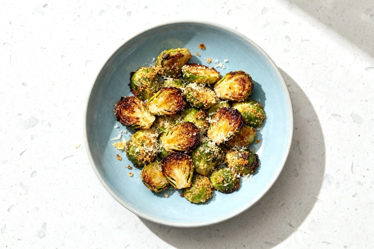 top-down food photo of crispy garlic parmesan keto Brussels sprouts: halved Brussels sprouts roasted
