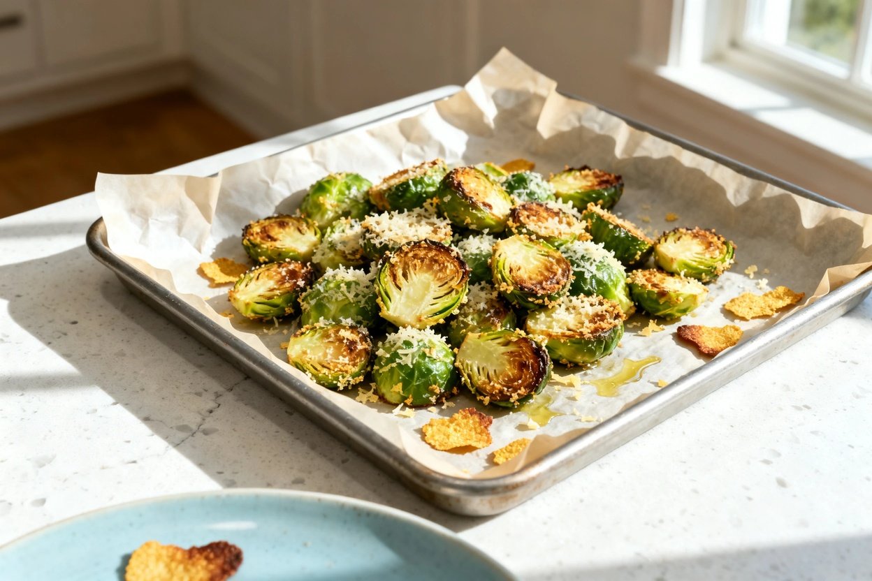 –40 degree perspective of the same finished dish: the identical crispy garlic parmesan keto Brussels