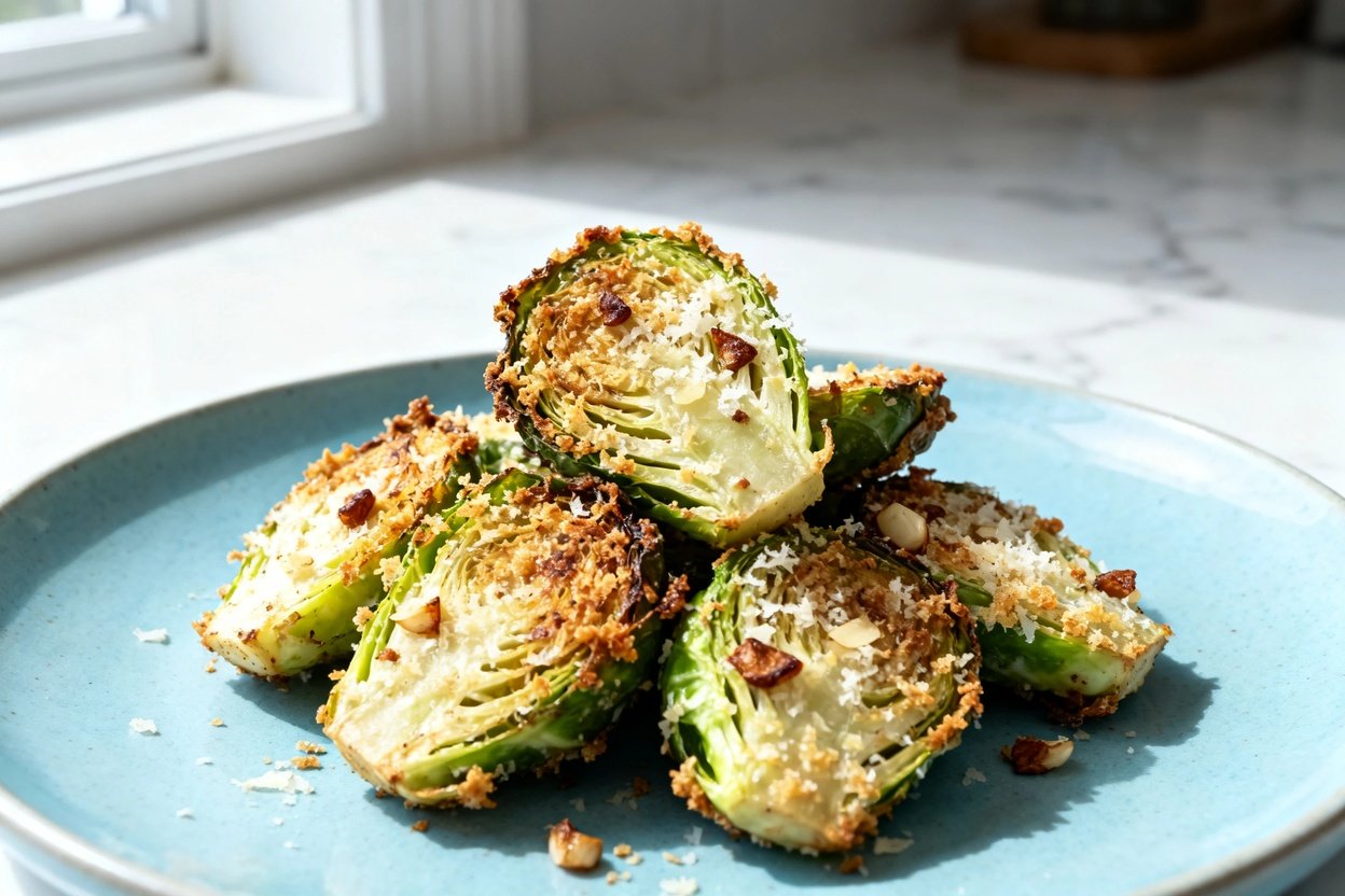  shot at 30–45 degrees of the same plated serving of crispy garlic parmesan keto Brussels sprouts on
