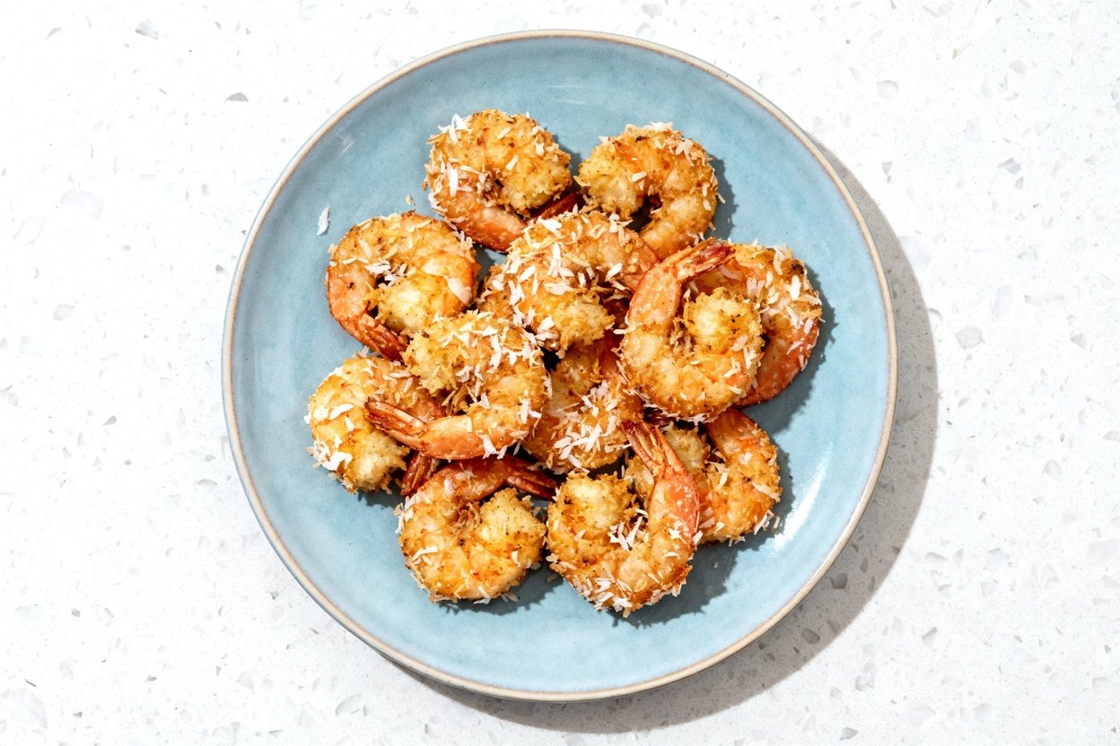 top-down food photo of crispy keto coconut shrimp: plump medium-large shrimp coated in coconut flour