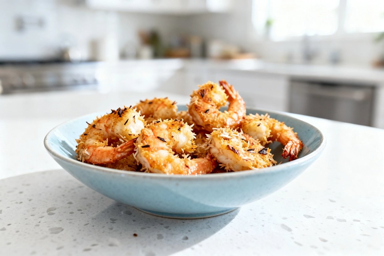 bout 35 degrees) realistic food photograph of the exact same finished crispy keto coconut shrimp (sa