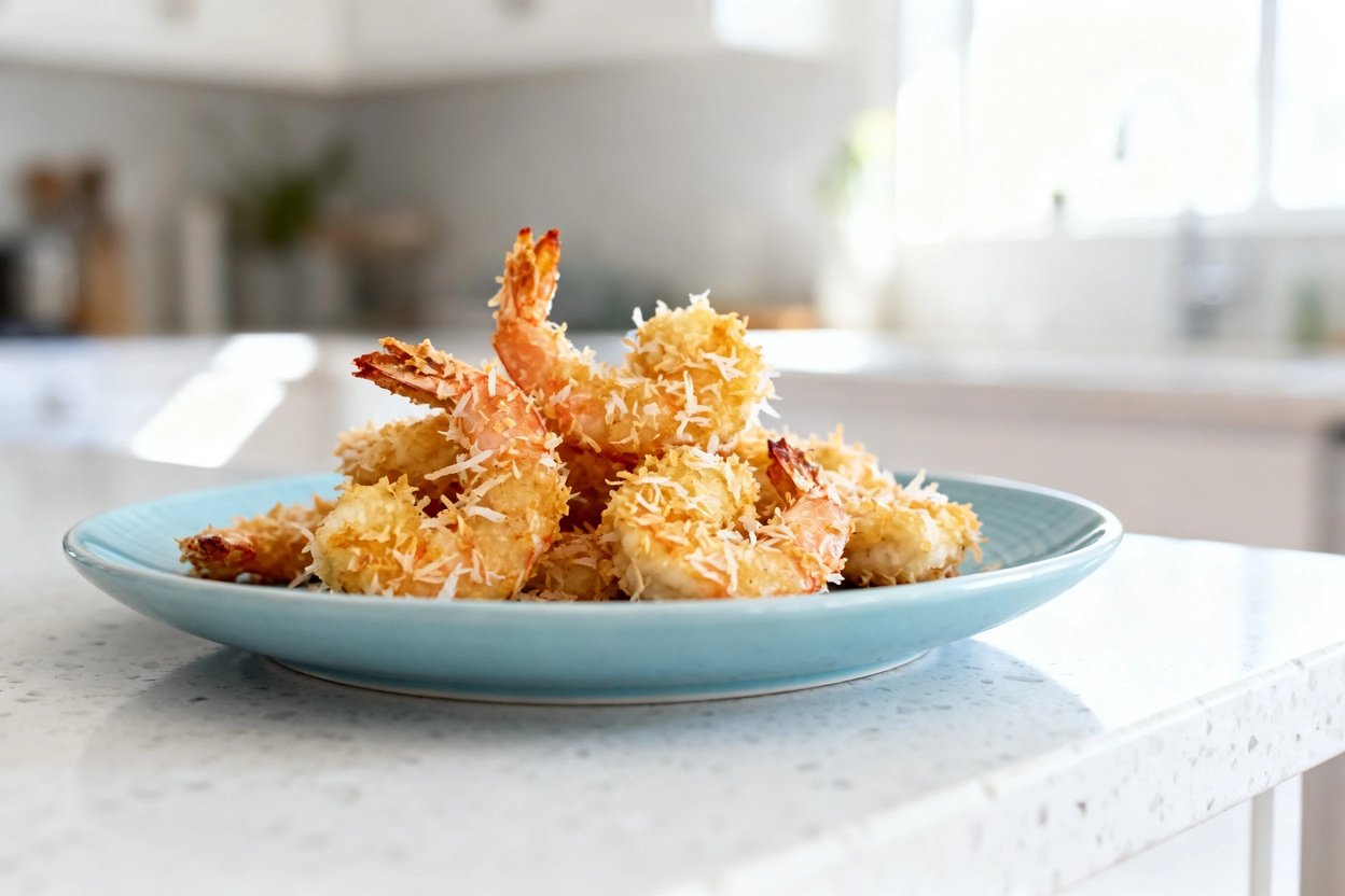  shot (about 40–45 degrees) of the same plated crispy keto coconut shrimp on the same light blue cer
