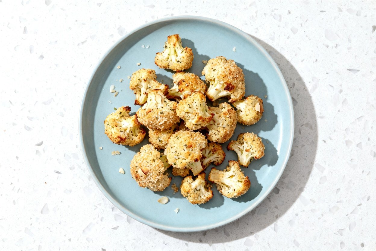 top-down food photo of a single serving of crispy garlic parmesan cauliflower bites, roasted caulifl