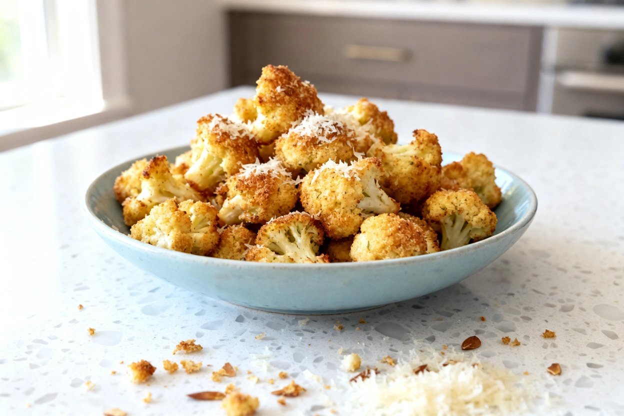 bout 35 degrees) realistic food photograph of the exact same finished garlic parmesan cauliflower bi