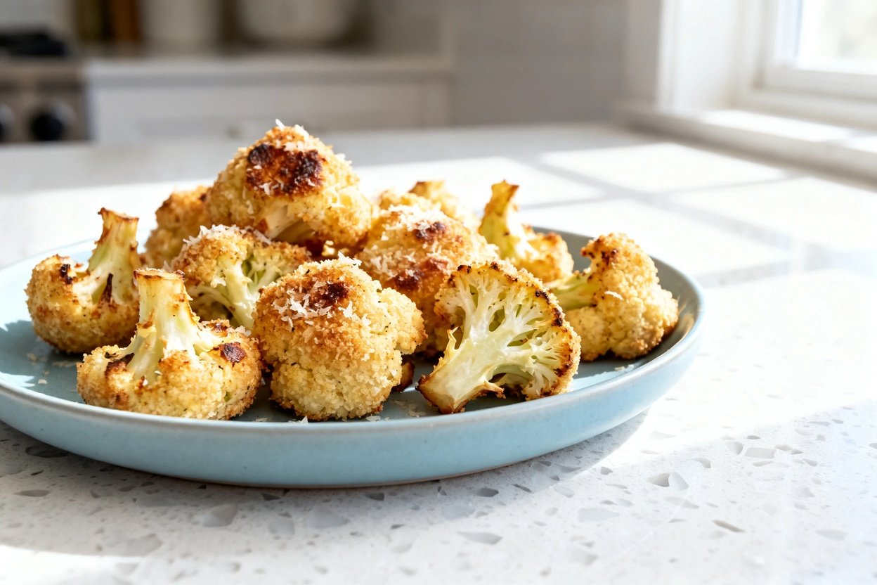  shot (about 40–45 degrees) of the same roasted garlic parmesan cauliflower bites on the same style 