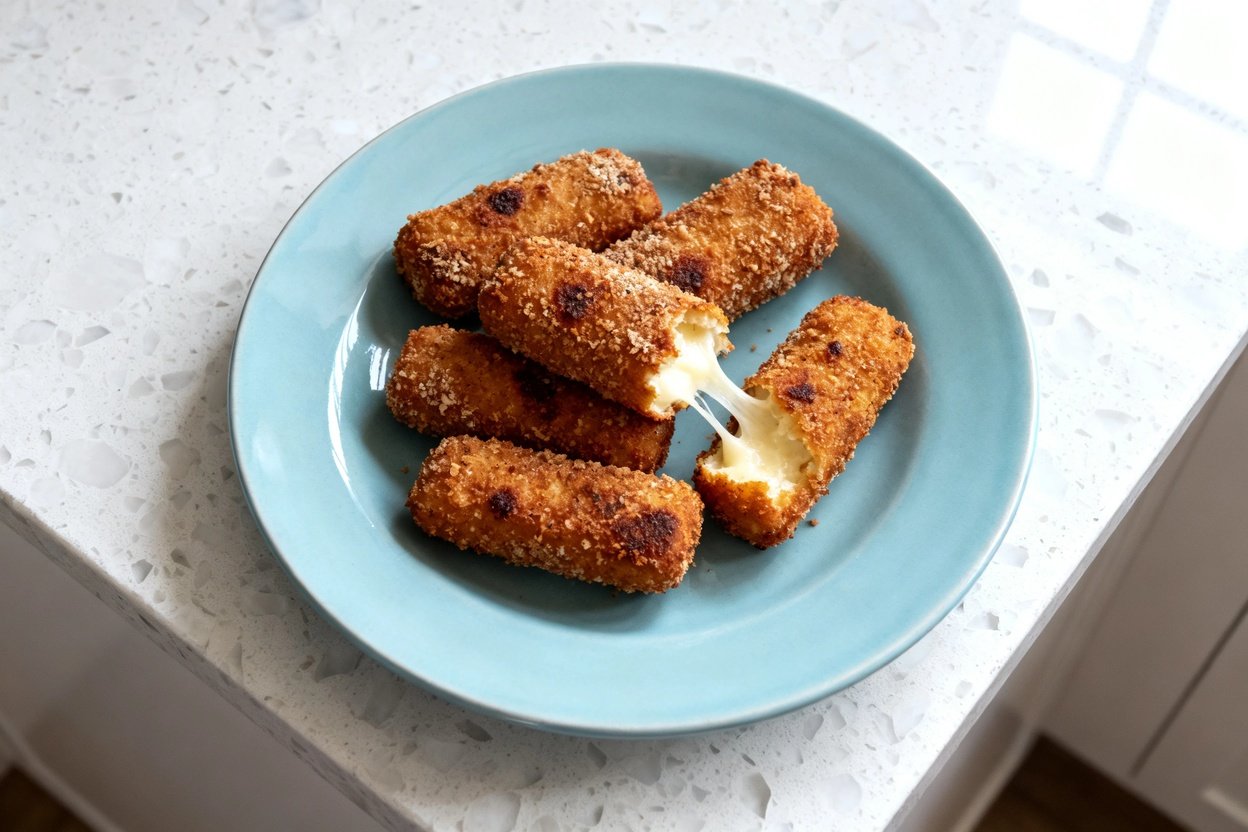 top-down food photo of quick keto mozzarella sticks: 5–6 breaded mozzarella sticks (almond flour + c