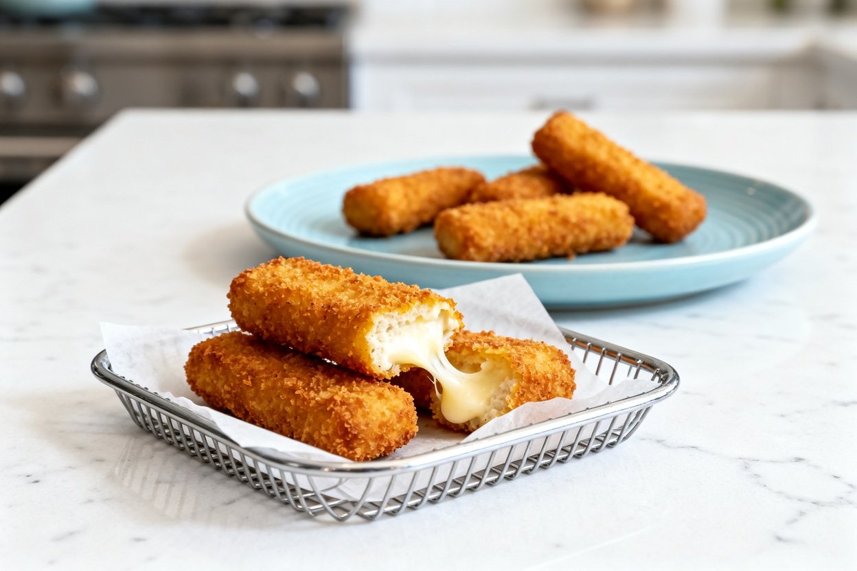 –40° perspective photograph of the exact same finished keto mozzarella sticks (same size, shape, and