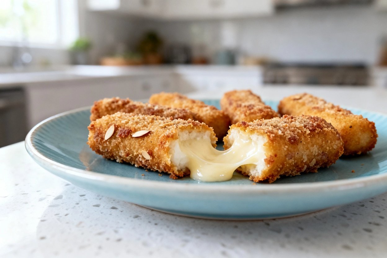  shot at ~30–45° of the same plated quick keto mozzarella sticks on the identical light blue ceramic