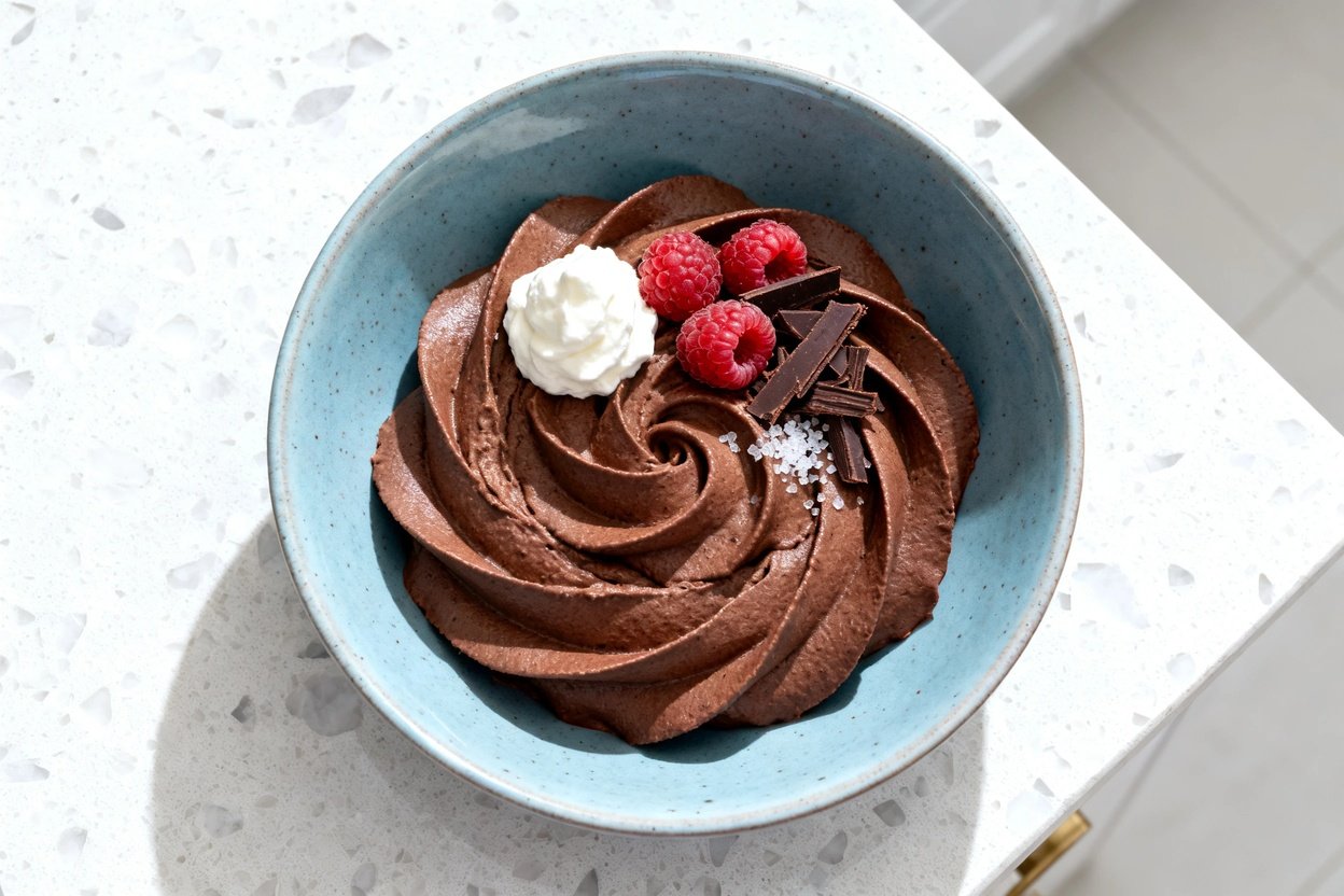 top-down food photo of a single serving of dark chocolate keto mousse: a velvety, rich, deep-brown m