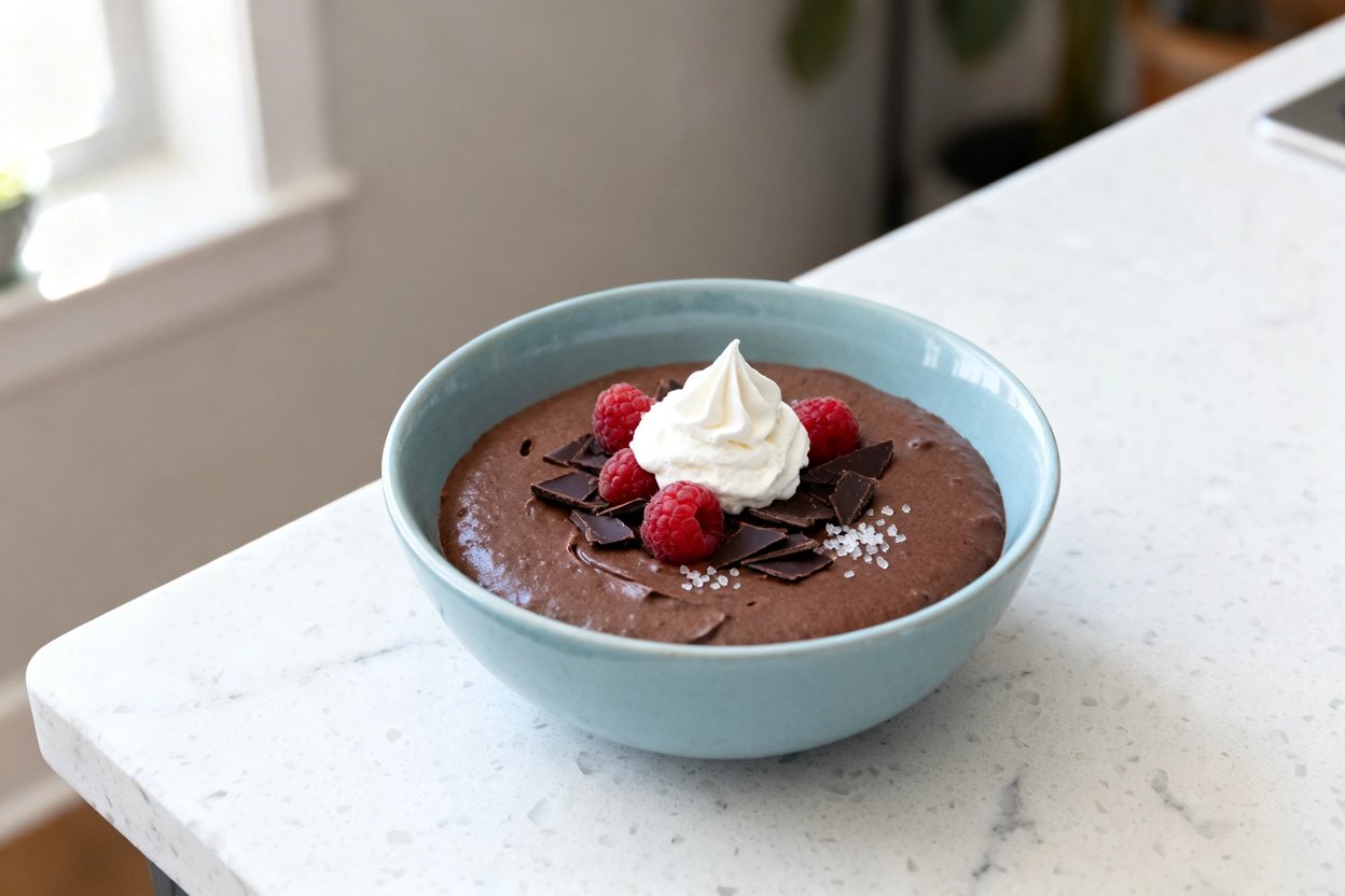 –40 degree perspective of the exact same finished dark chocolate keto mousse serving in the same lig