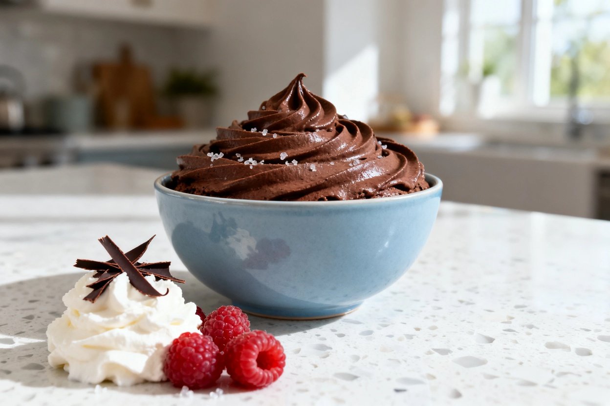  shot at approximately 35–45 degrees of the same dark chocolate keto mousse in the same light blue c