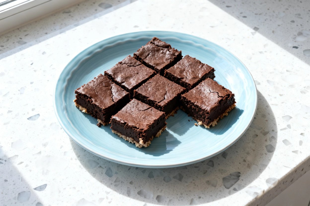 top-down food photo of keto coconut flour brownies: a single serving of dense, moist, intensely choc