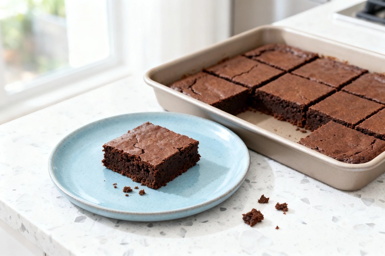 –40° camera view of the exact same keto coconut flour brownies, same cut square shape and thickness