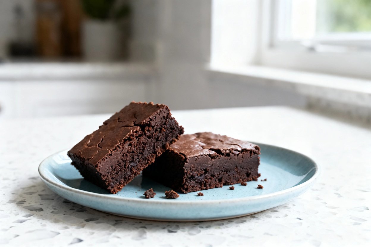 up hero shot focusing on the same finished keto coconut flour brownie squares on the same light blue