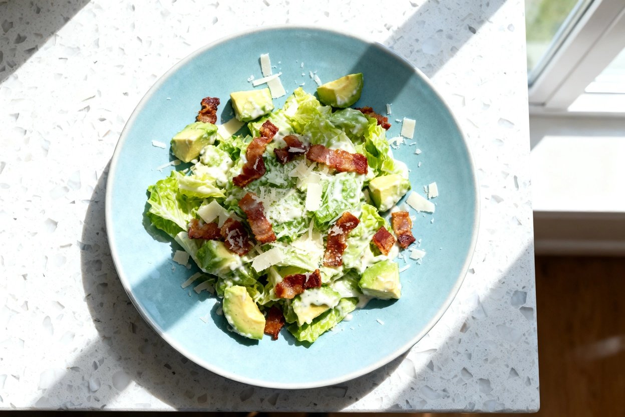 top-down food photo of a single serving Keto Bacon and Avocado Caesar Salad centered on a light blue