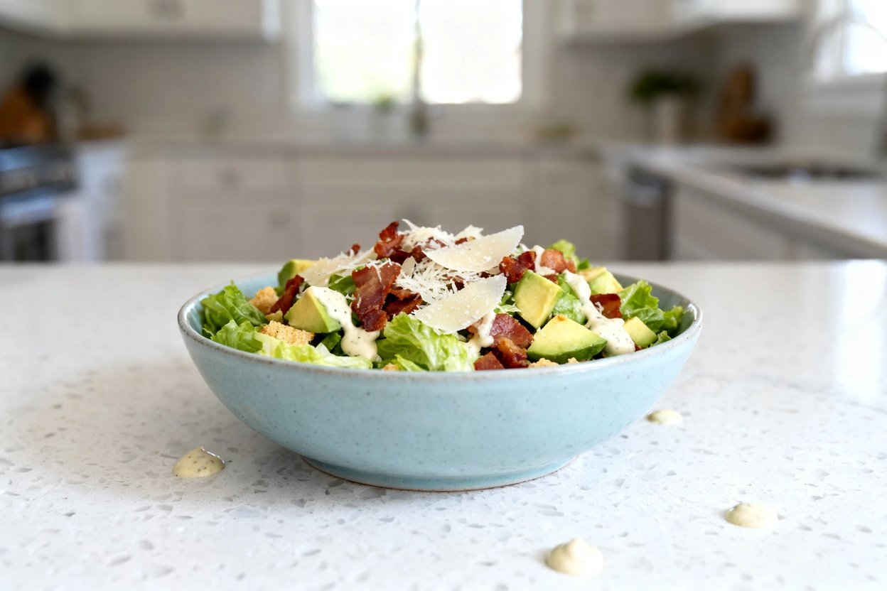 bout 35°) realistic food photo of the exact same Keto Bacon and Avocado Caesar Salad (same visible c
