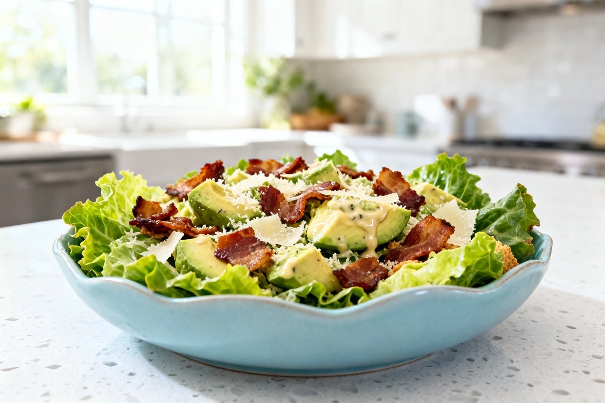  shot (about 40–45°) of the same finished Keto Bacon and Avocado Caesar Salad on identical light blu