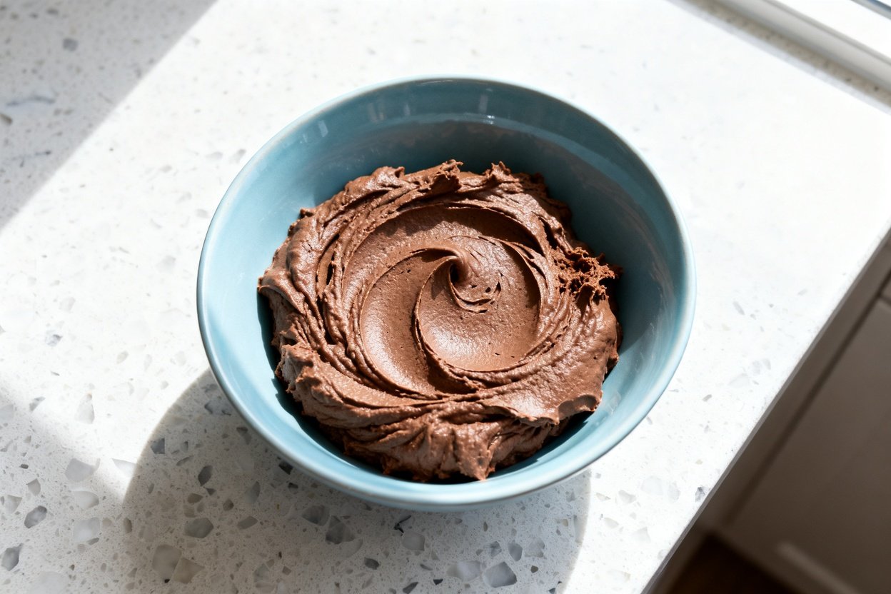 top-down food photo of a single serving of rich, creamy keto chocolate avocado mousse, thick and sil
