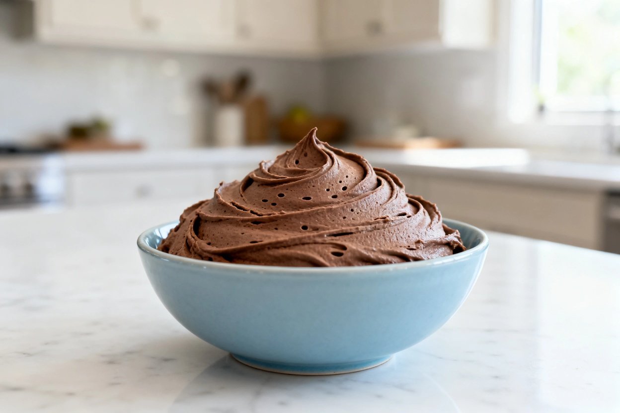 mera perspective (~35 degrees) showing the exact same finished keto chocolate avocado mousse with th