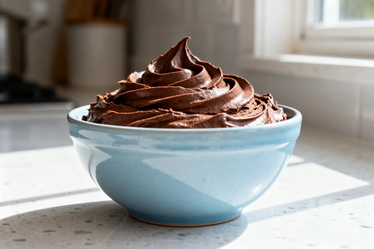  shot (~40–45 degrees) of the same single serving of keto chocolate avocado mousse in the same light