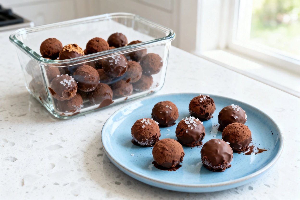 0–40°) realistic food photograph of the same finished keto nut butter fat bombs (same size, same coc