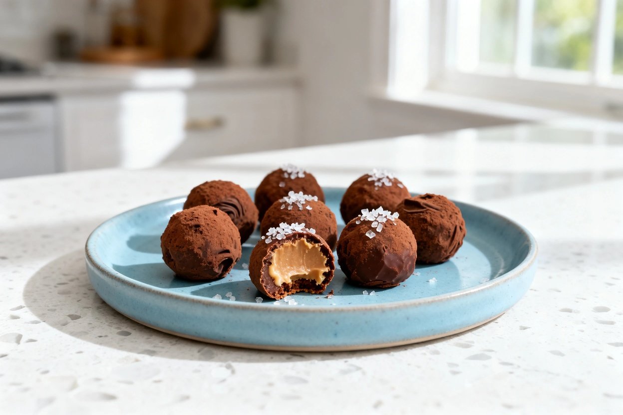shot (30–45°) of the same keto nut butter fat bombs on the same light blue ceramic plate: 8–10 coco