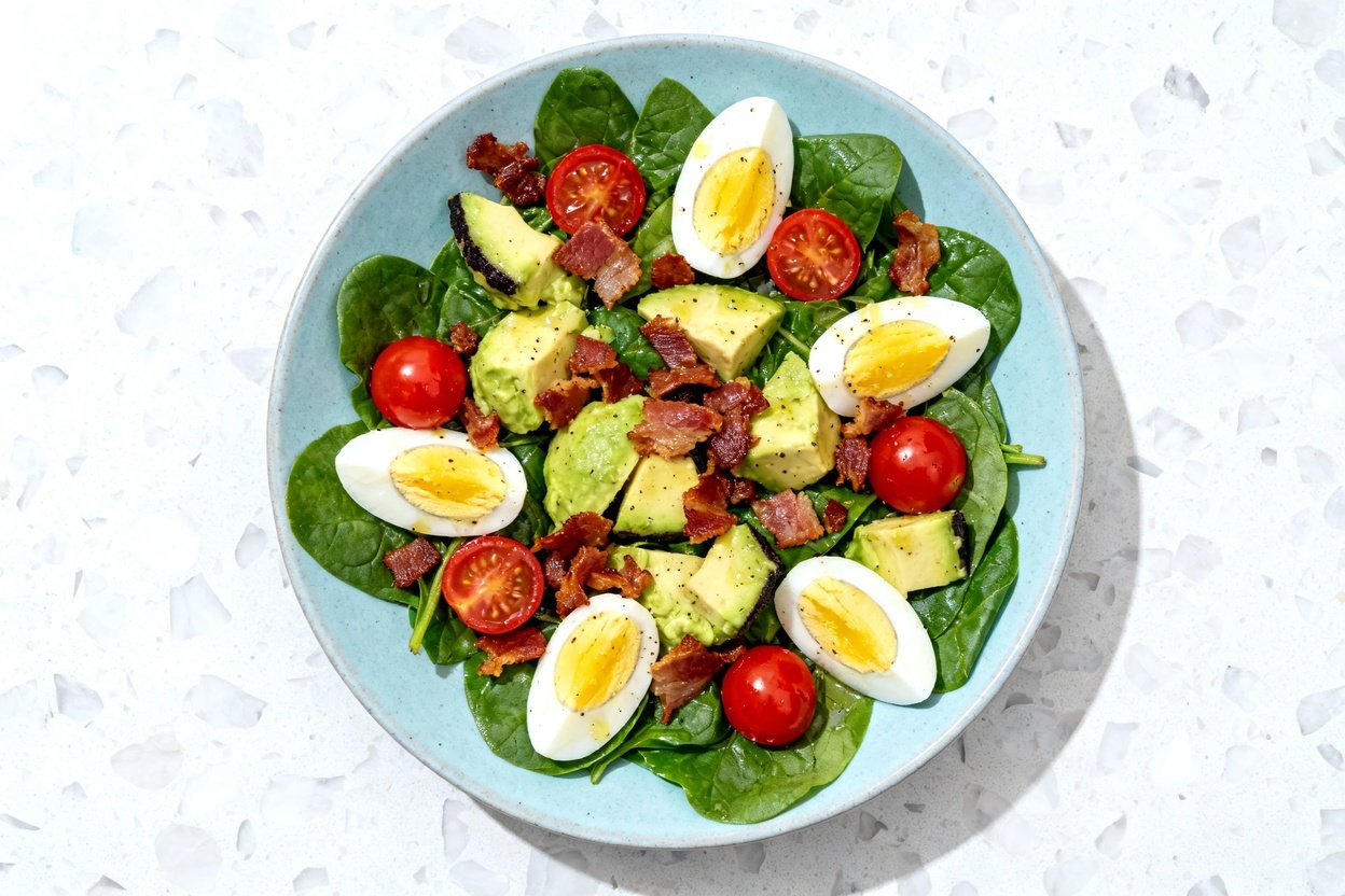 top-down food photo of a single-serving low carb bacon spinach salad on a light blue ceramic plate,