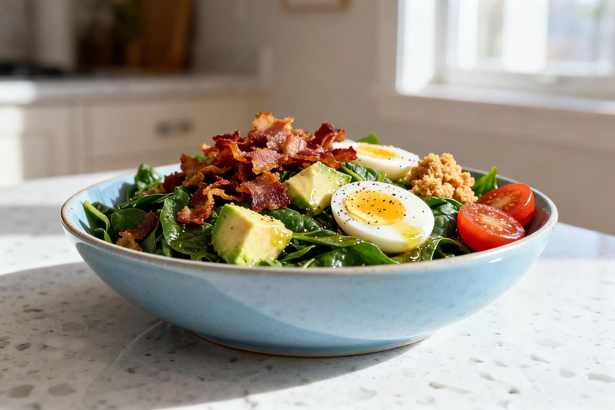 on shot of the exact same finished low carb bacon spinach salad (same components and presentation lo
