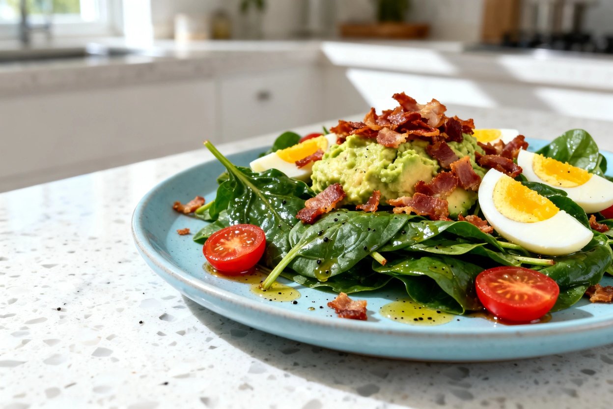  shot at approximately 30–45 degrees of the same finished low carb bacon spinach salad plated on a l