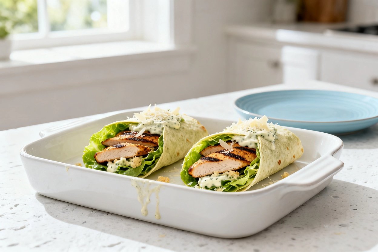 –40 degree perspective of the exact same finished low carb chicken Caesar wraps: two romaine-lettuce