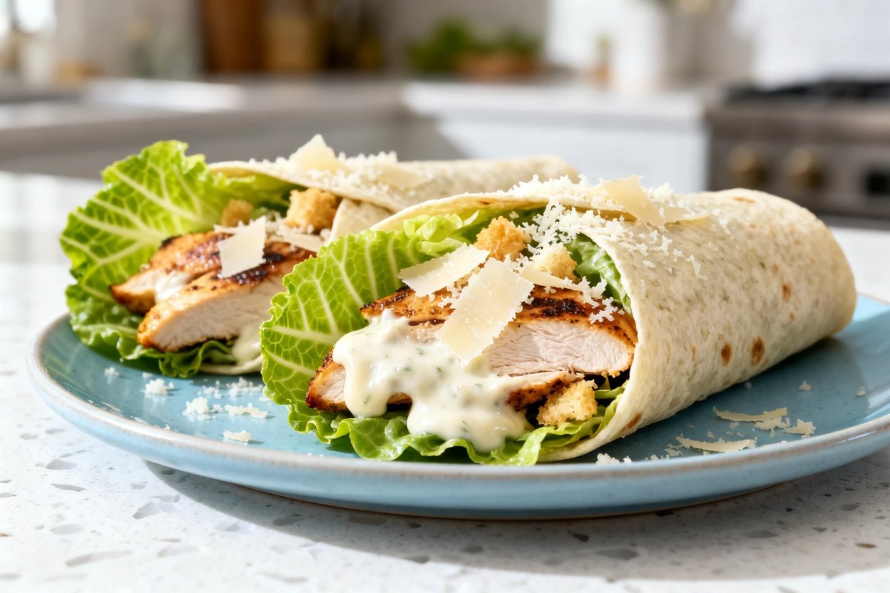  shot at 30–45 degrees of the same plated low carb chicken Caesar wraps on the same light blue ceram