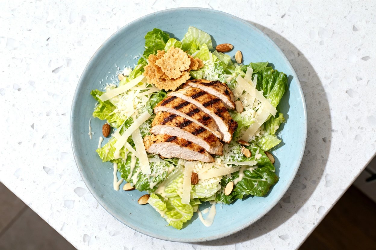 top-down food photo of a single serving keto grilled chicken Caesar salad on an identical light blu
