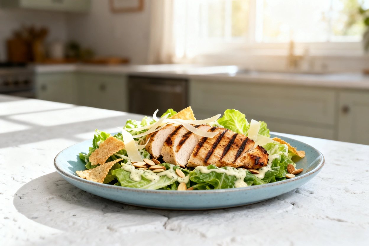 mera perspective (about 30–40 degrees) showing the exact same finished keto grilled chicken Caesar s