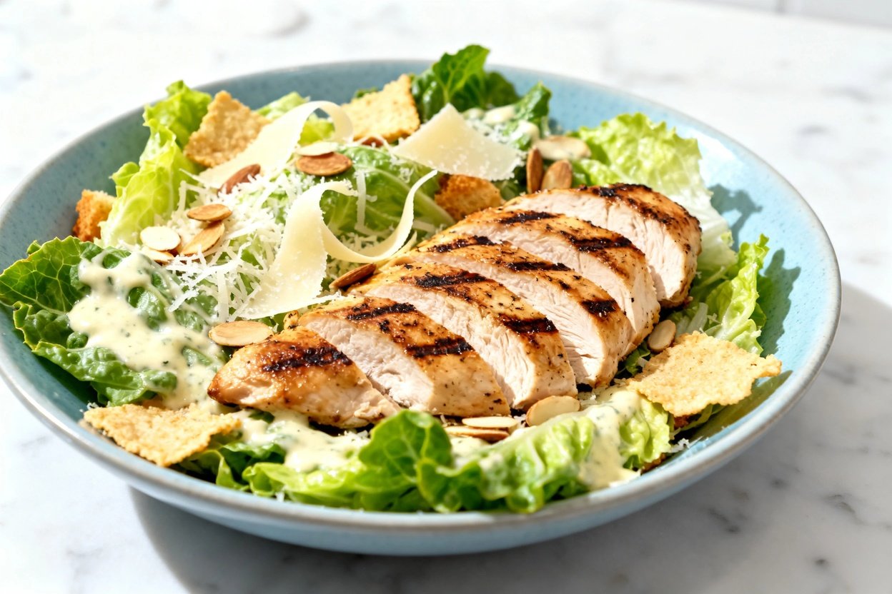 shot (about 30–45 degrees) of the same finished keto grilled chicken Caesar salad on the identical