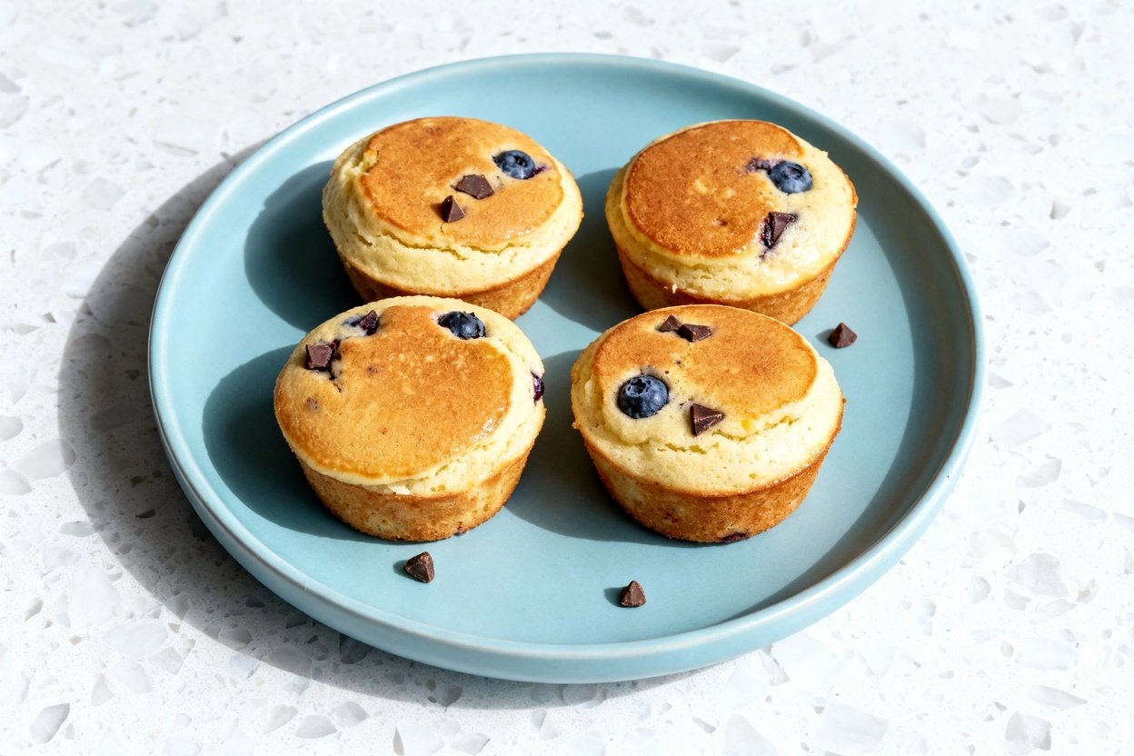 top-down food photo of a single serving of finished keto pancake muffins: 4 moist, fluffy muffin-sha