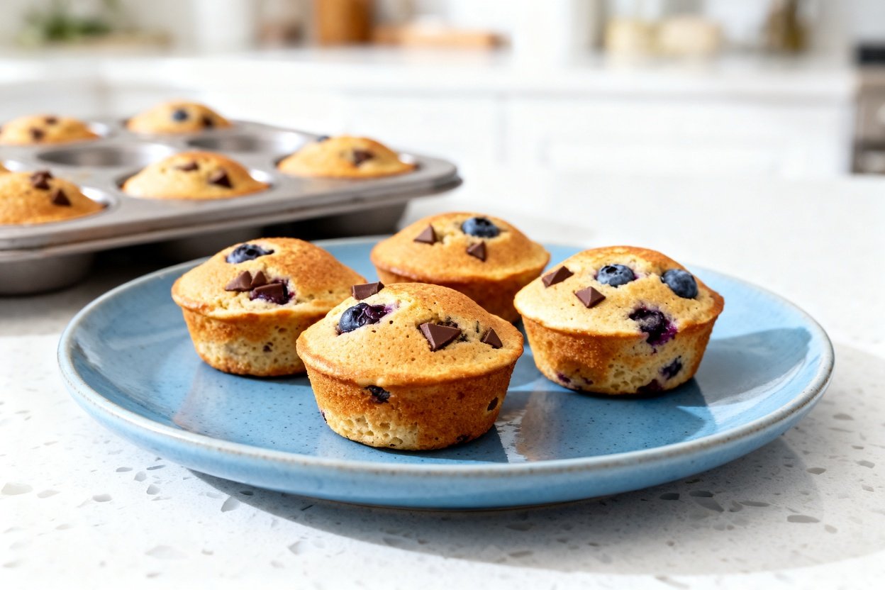 bout 30–40 degrees) realistic food photograph of the same finished keto pancake muffins from the sam