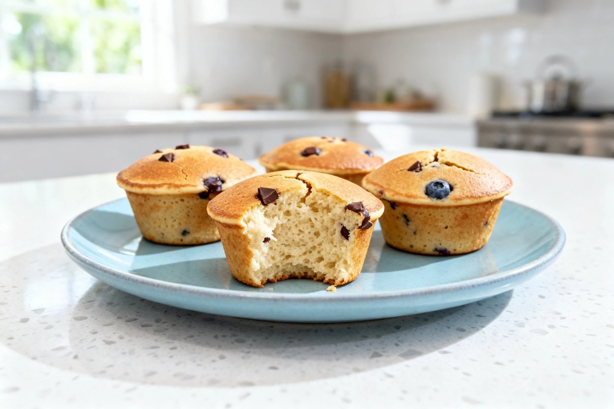  shot (about 30–45 degrees) emphasizing texture of the same finished keto pancake muffins: the same 