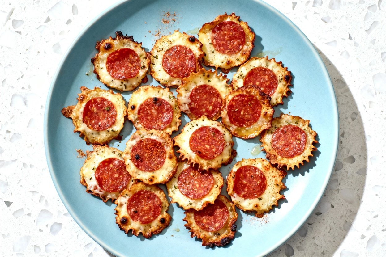 top-down food photo of the finished dish: keto pepperoni chips made from oven-crisped pepperoni slic