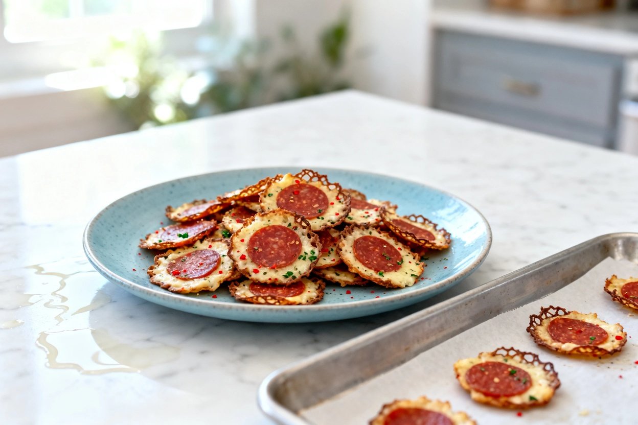 –40 degree perspective of the exact same finished keto pepperoni chips: small round pepperoni-and-pa