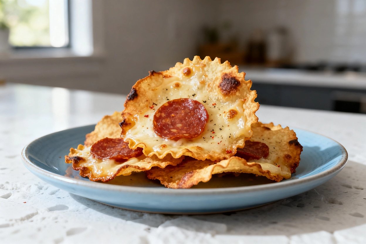  shot at ~30–45 degrees emphasizing texture of the same finished keto pepperoni chips: crisp peppero