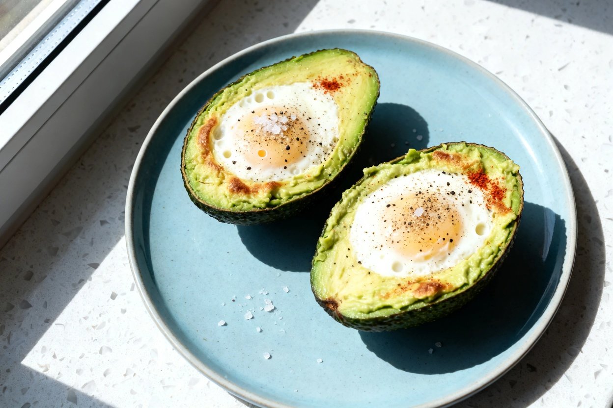 top-down food photo of keto-friendly avocado egg cups: two ripe-but-firm avocado halves used as edib