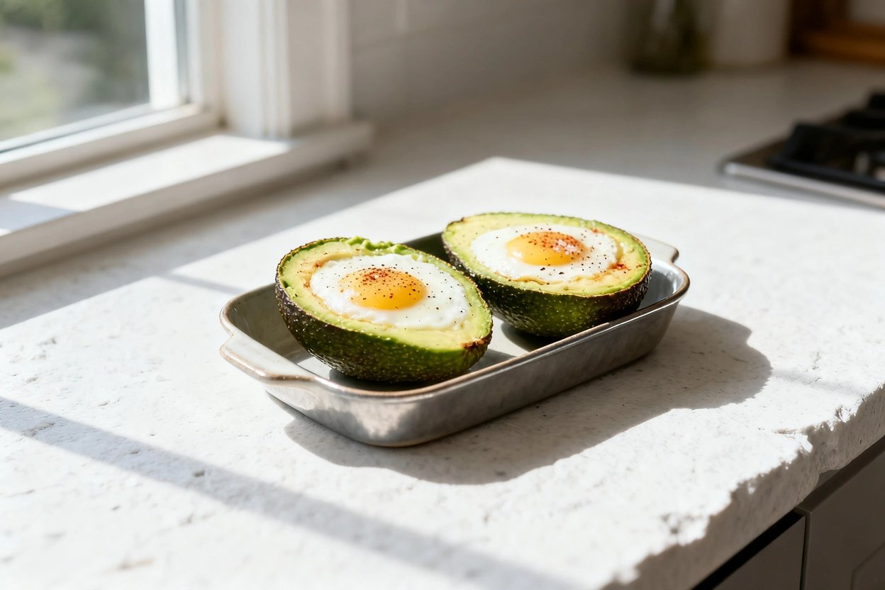 bout 30–40 degrees) contextual food photo of the exact same finished keto avocado egg cups (two avoc