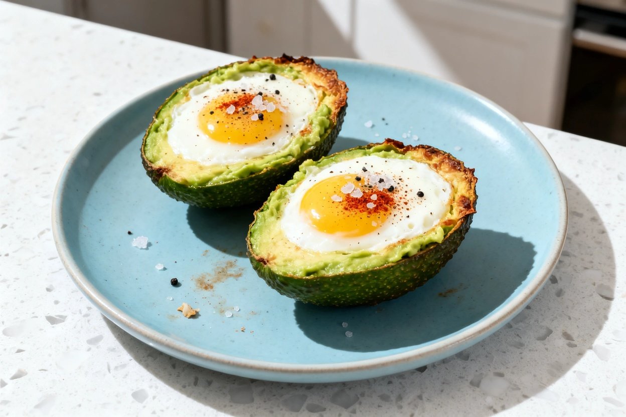  shot (about 30–45 degrees) of the same plated single serving of keto avocado egg cups on an identic