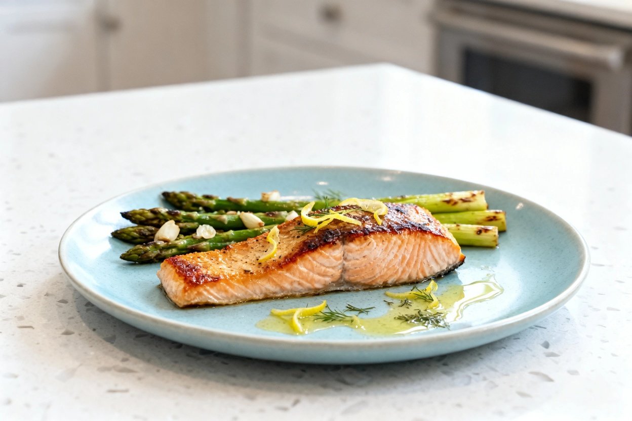 mera perspective (~35 degrees) showing the same finished sheet-pan roasted salmon and asparagus duri