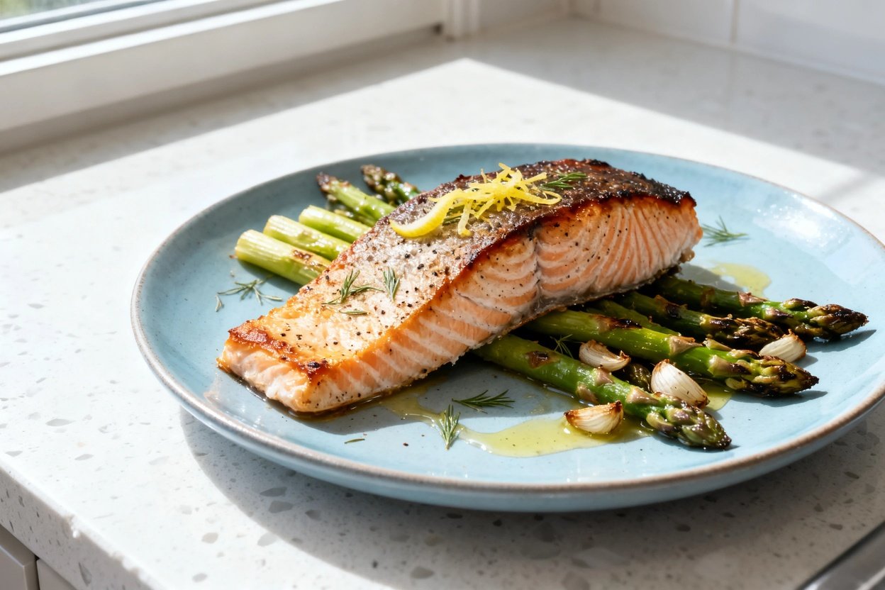  shot (~40–45 degrees) of the same plated serving of sheet-pan roasted salmon and asparagus on the s