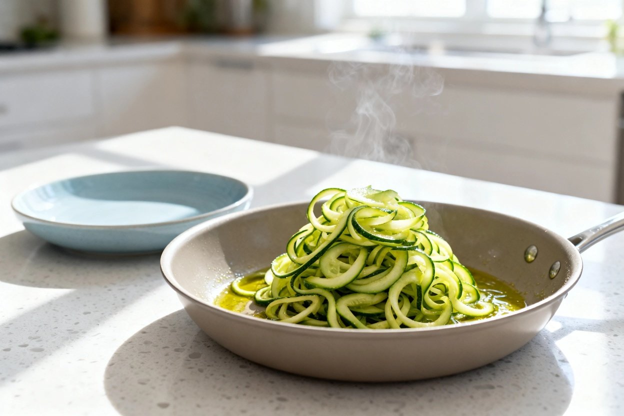 –40° camera perspective of the exact same finished zucchini noodles (zoodles) from the same cooking