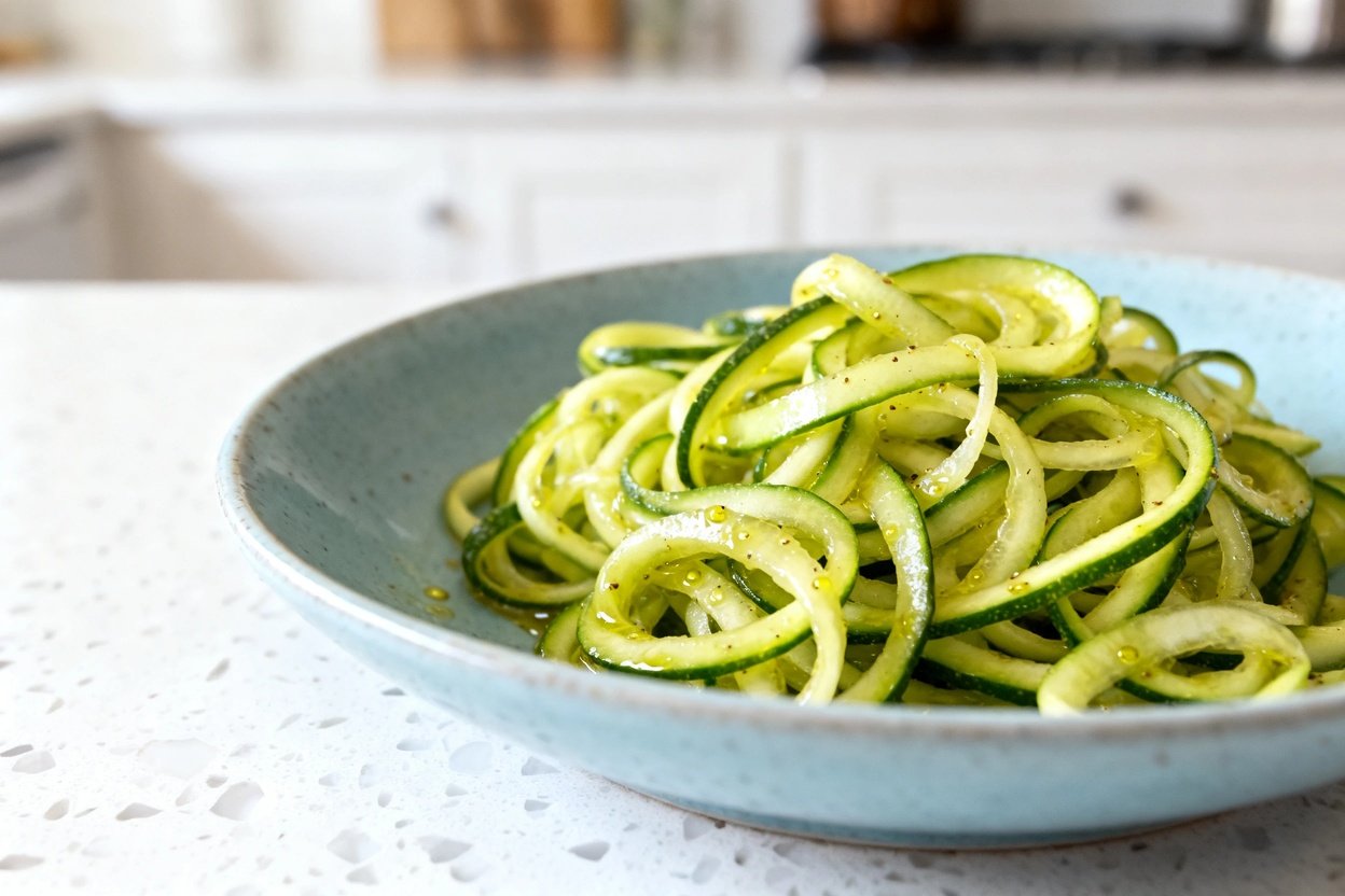  shot at 30–45° of the same plated zucchini noodles (zoodles) on the same style light blue ceramic b